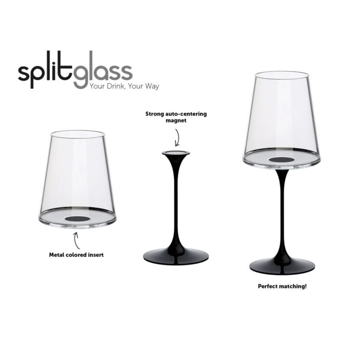 Хрустальный бокал для белого вина на магните Trebonn SplitGlass, 2 шт, 280 мл, черный